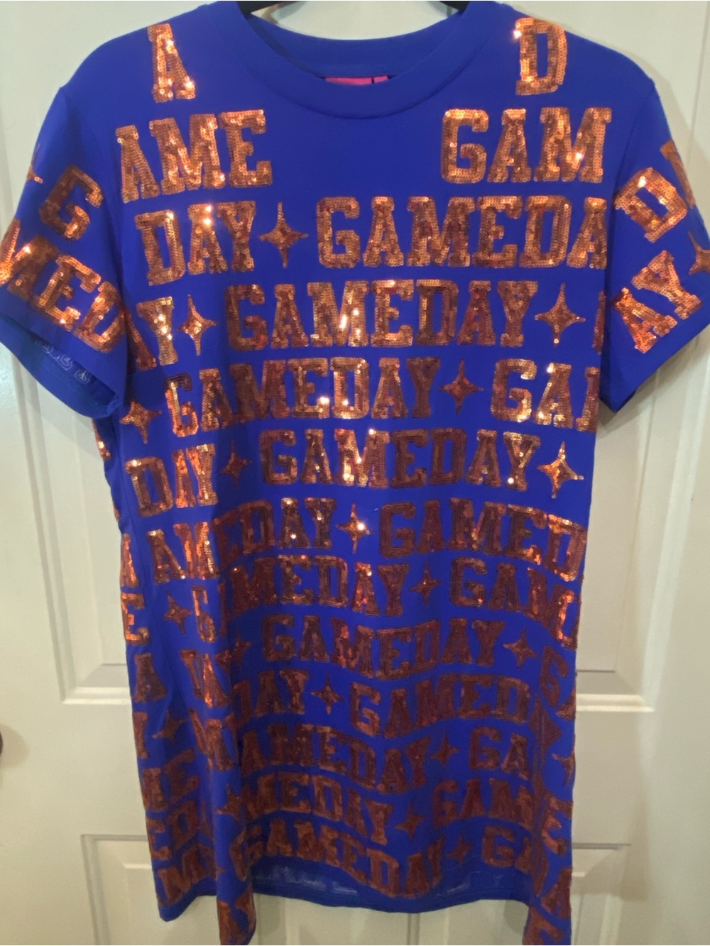 QUEEN OF SPARKLES Blue Mini Dress with Metallic Orange Sequin 'GAMEDAY' NWOT